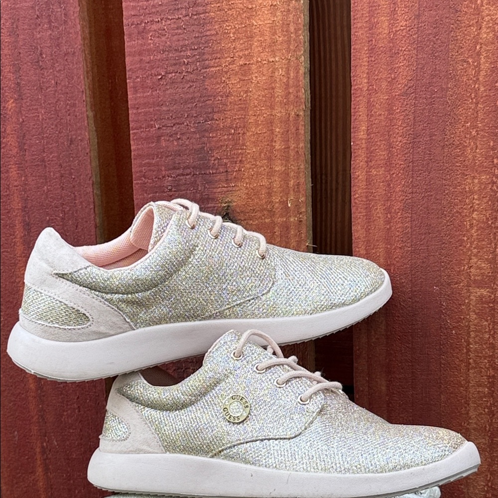 Guess Women's Sneakers in Cream and Pink Sparkles Rose Gold Bling Size 7.5